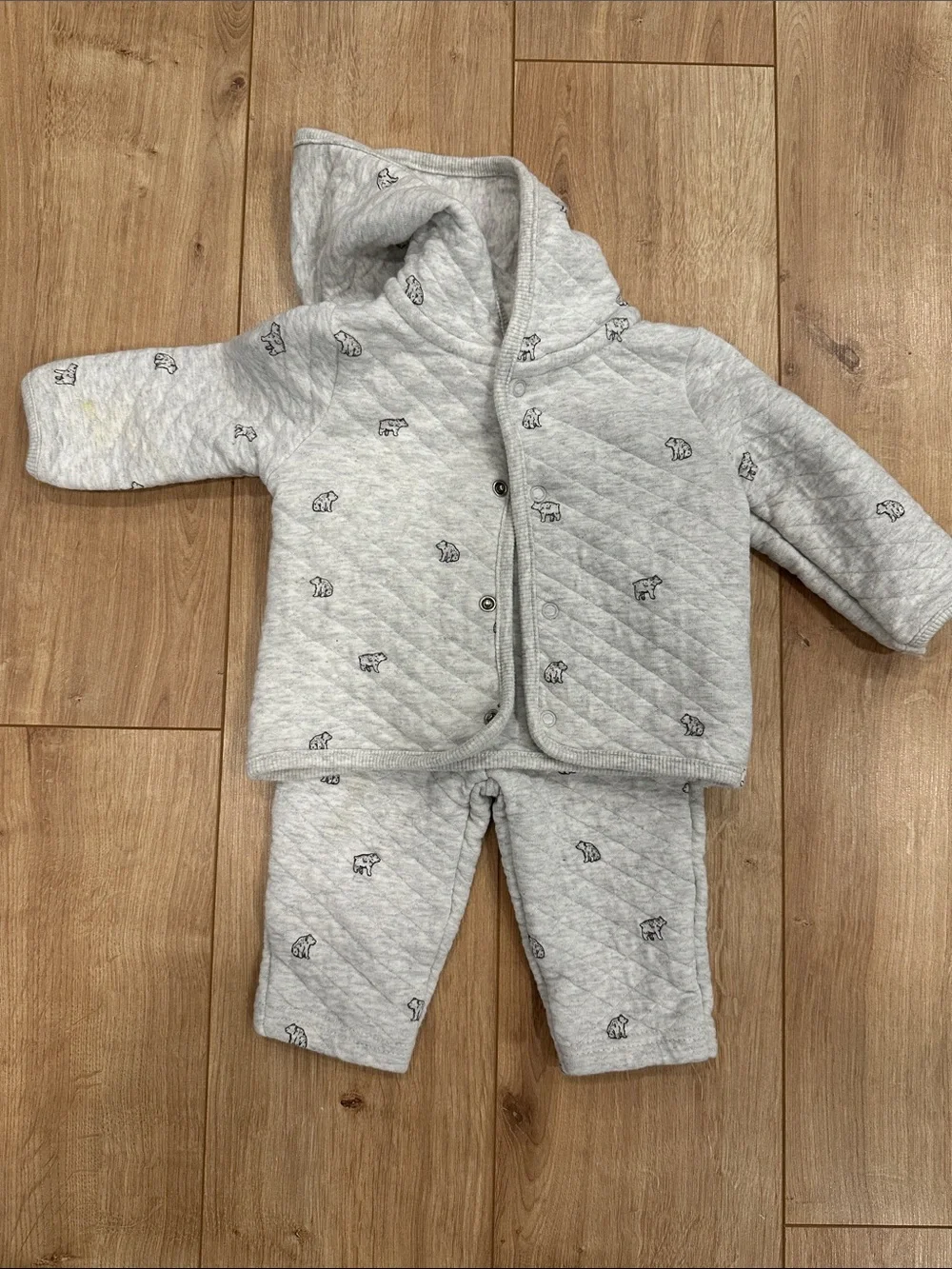 Little Plant Quilted Hooded  Set - Light Gray Bear Print
